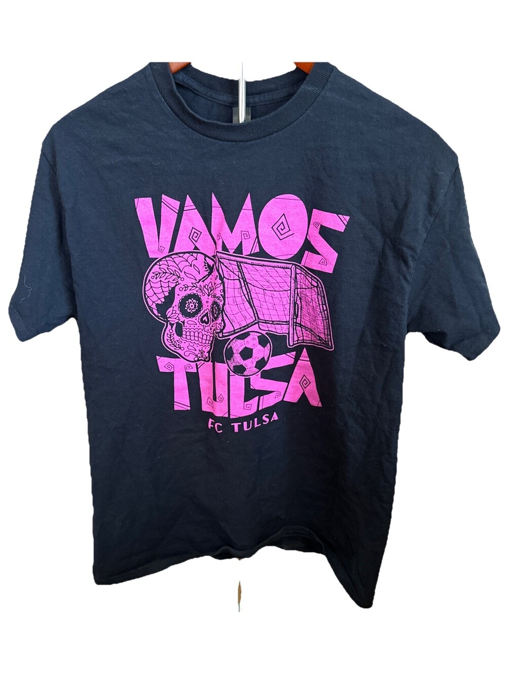 Soccer T Shirt Size Medium Black And Hot Pink Skeleton Vamos Tulsa